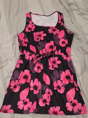 SHEIN Pink and Black Flower Tank Dress